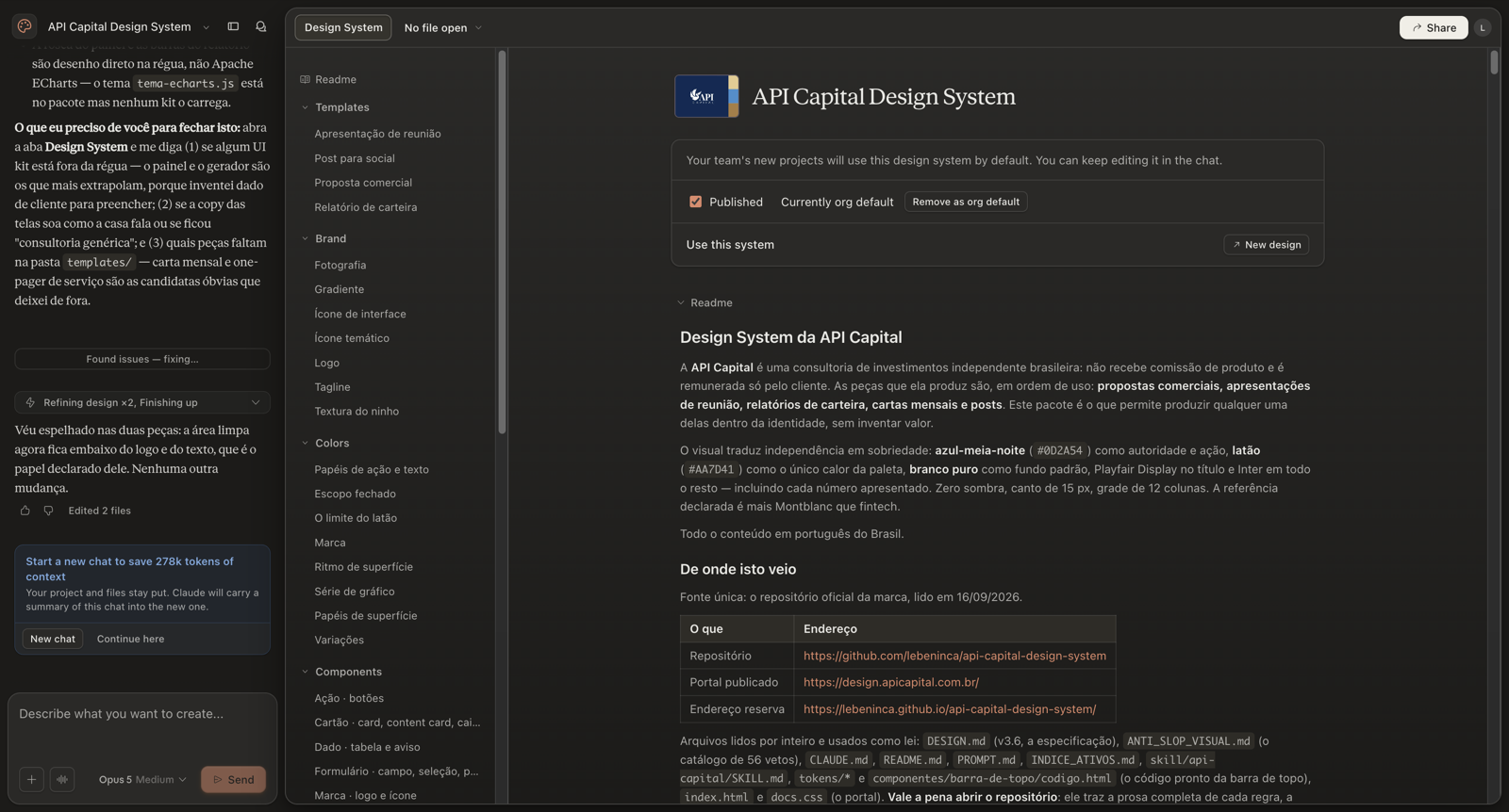 API Capital Design System gerado, com a opção Published marcada