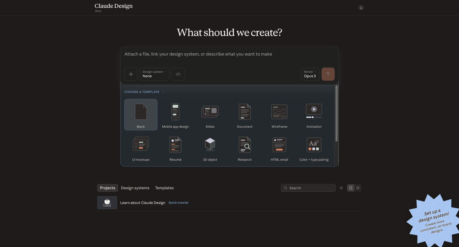 Tela inicial do Claude Design com o selo Set up a design system