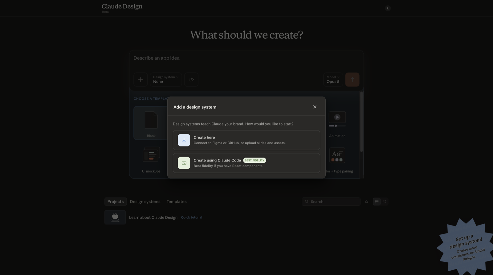 Janela Add a design system com a opção Create here