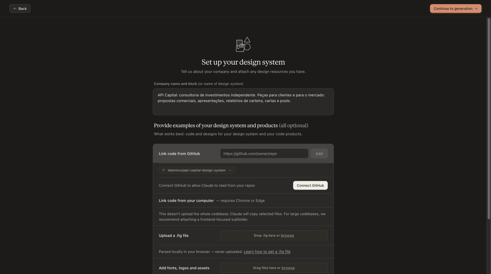 Formulário Set up your design system preenchido, com o repositório adicionado