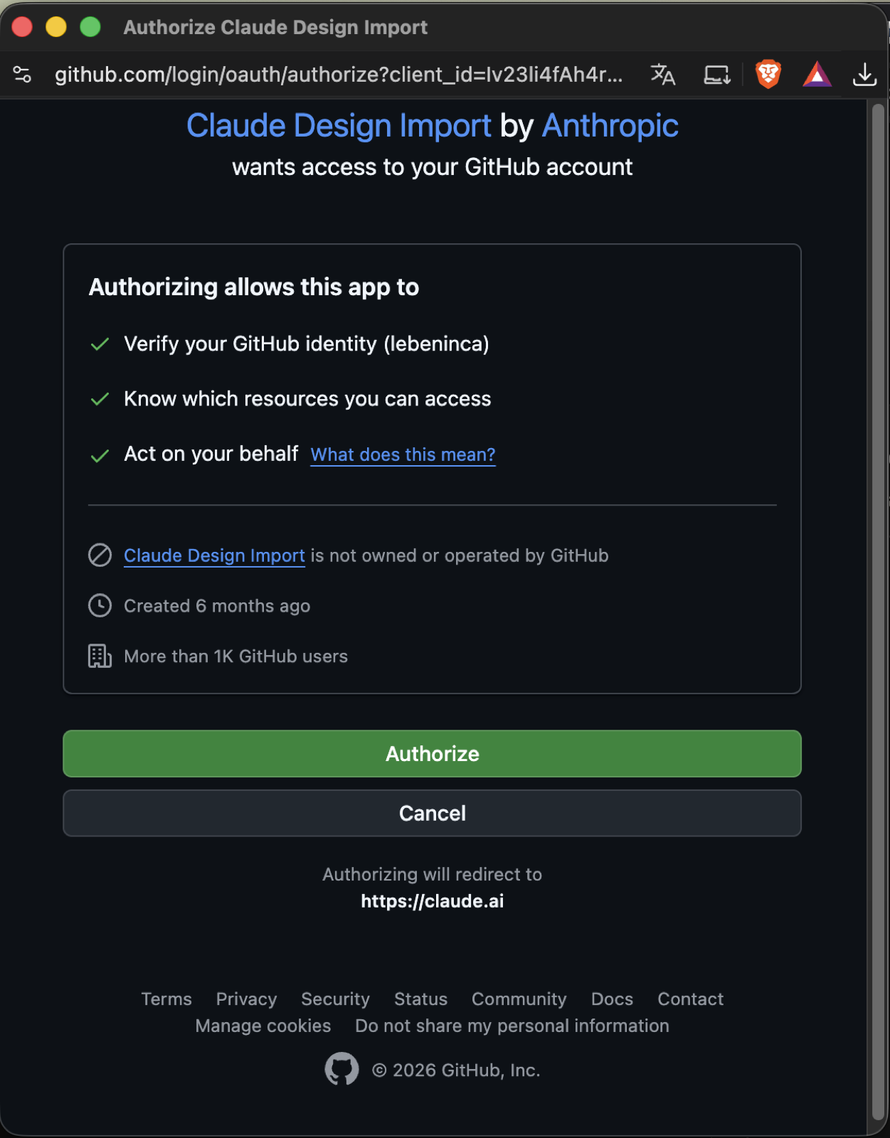 Tela do GitHub Authorize Claude Design Import