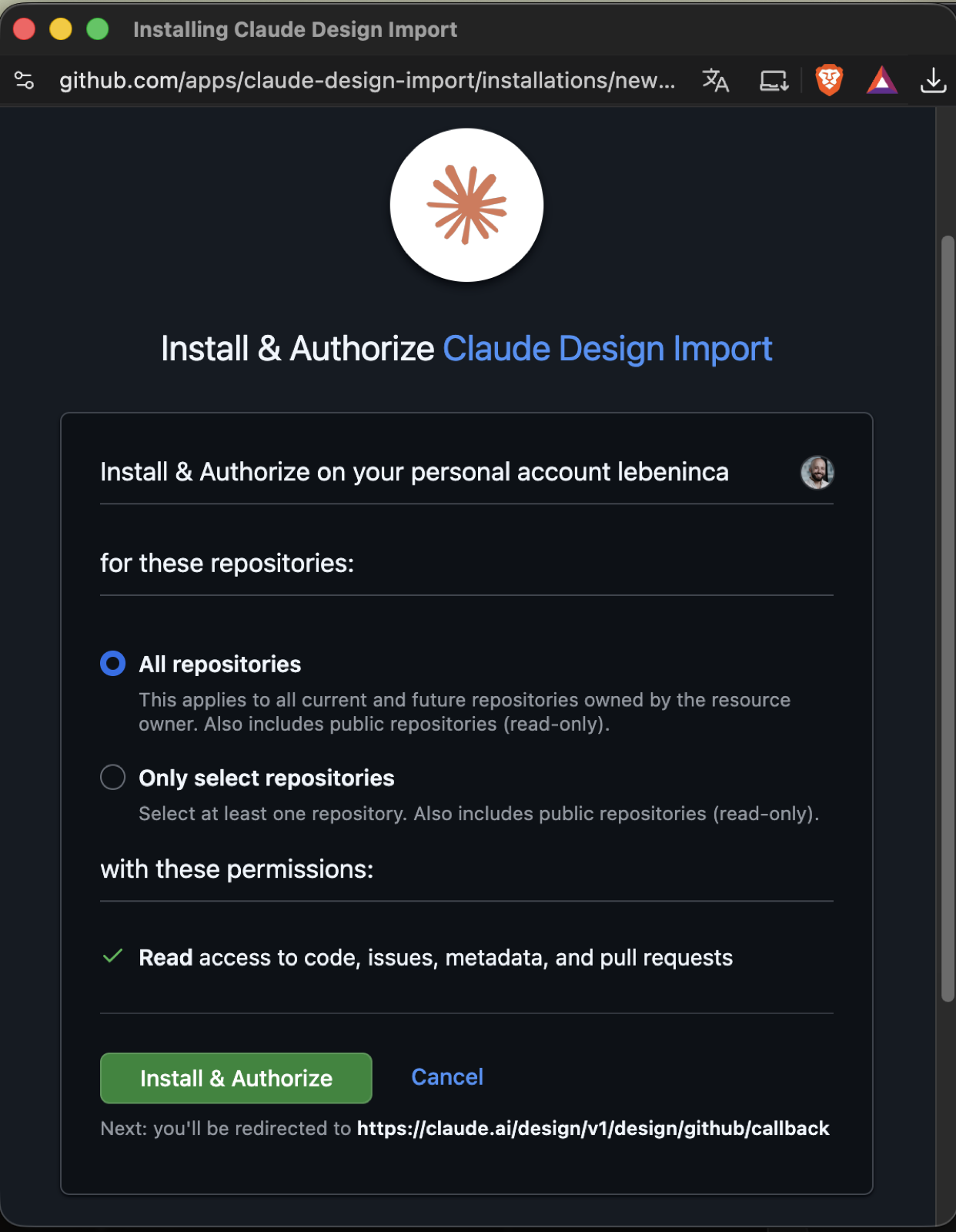 Tela do GitHub Install and Authorize Claude Design Import