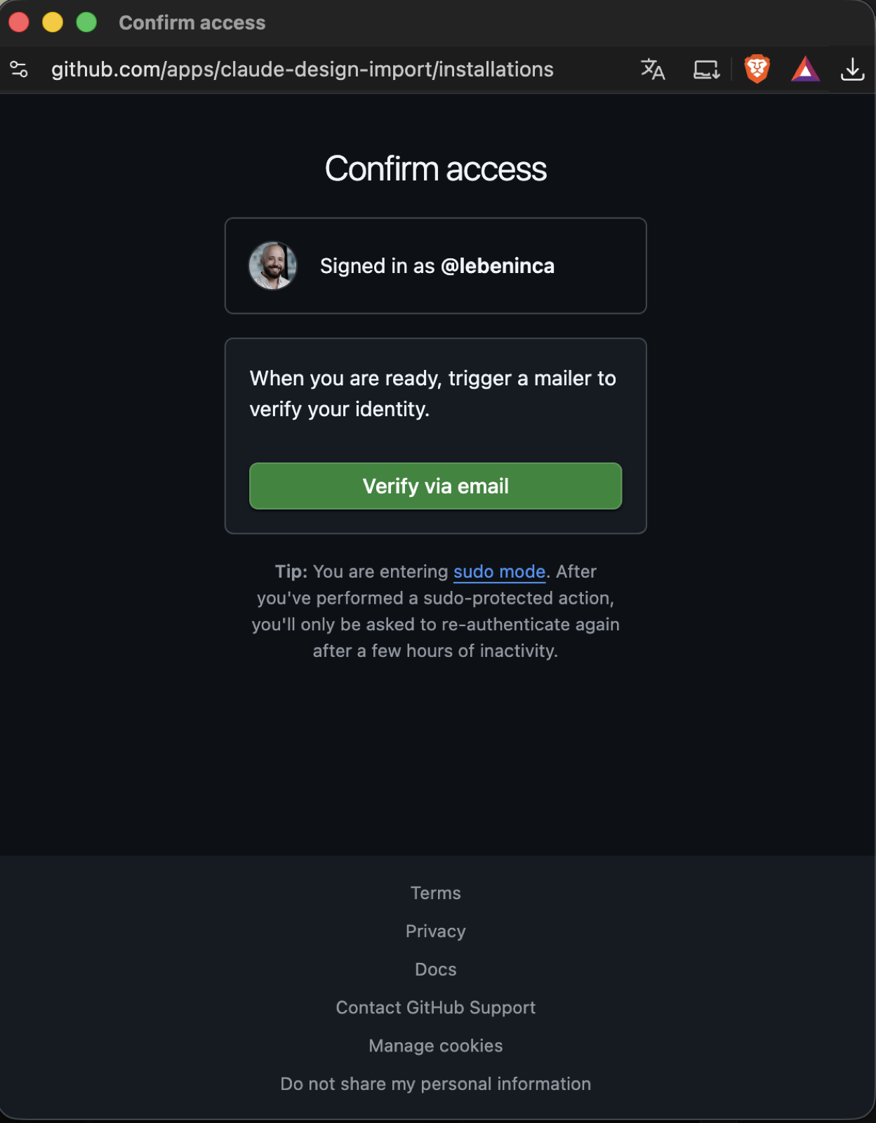 Tela Confirm access do GitHub