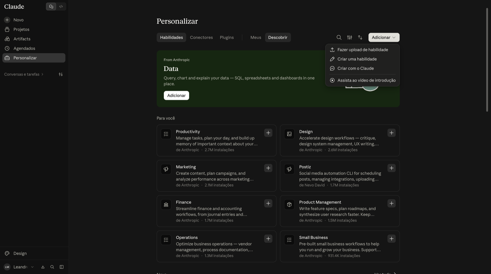 Menu Adicionar aberto, com a opção Fazer upload de habilidade
