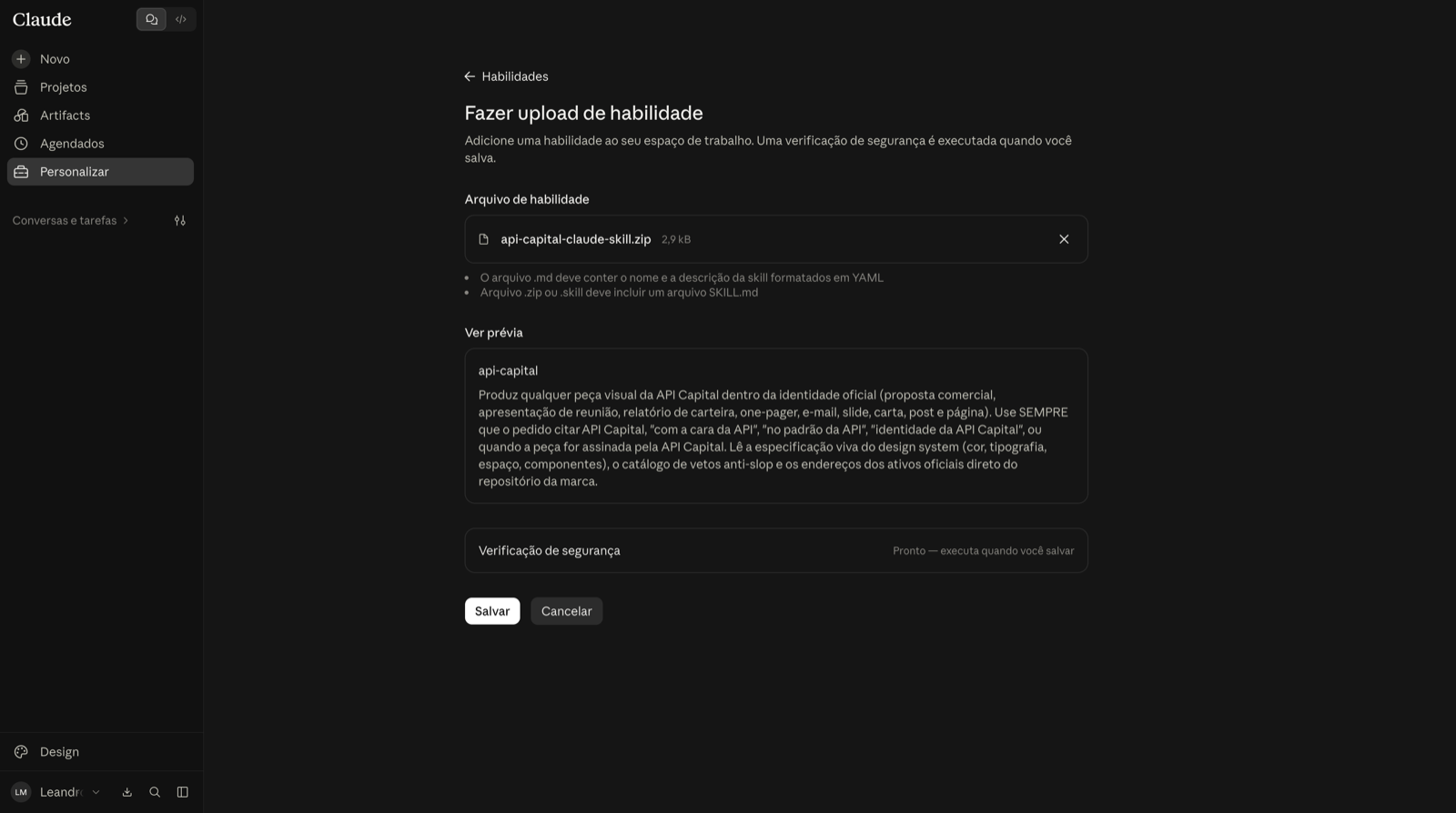 Tela Fazer upload de habilidade com o arquivo da skill e a prévia
