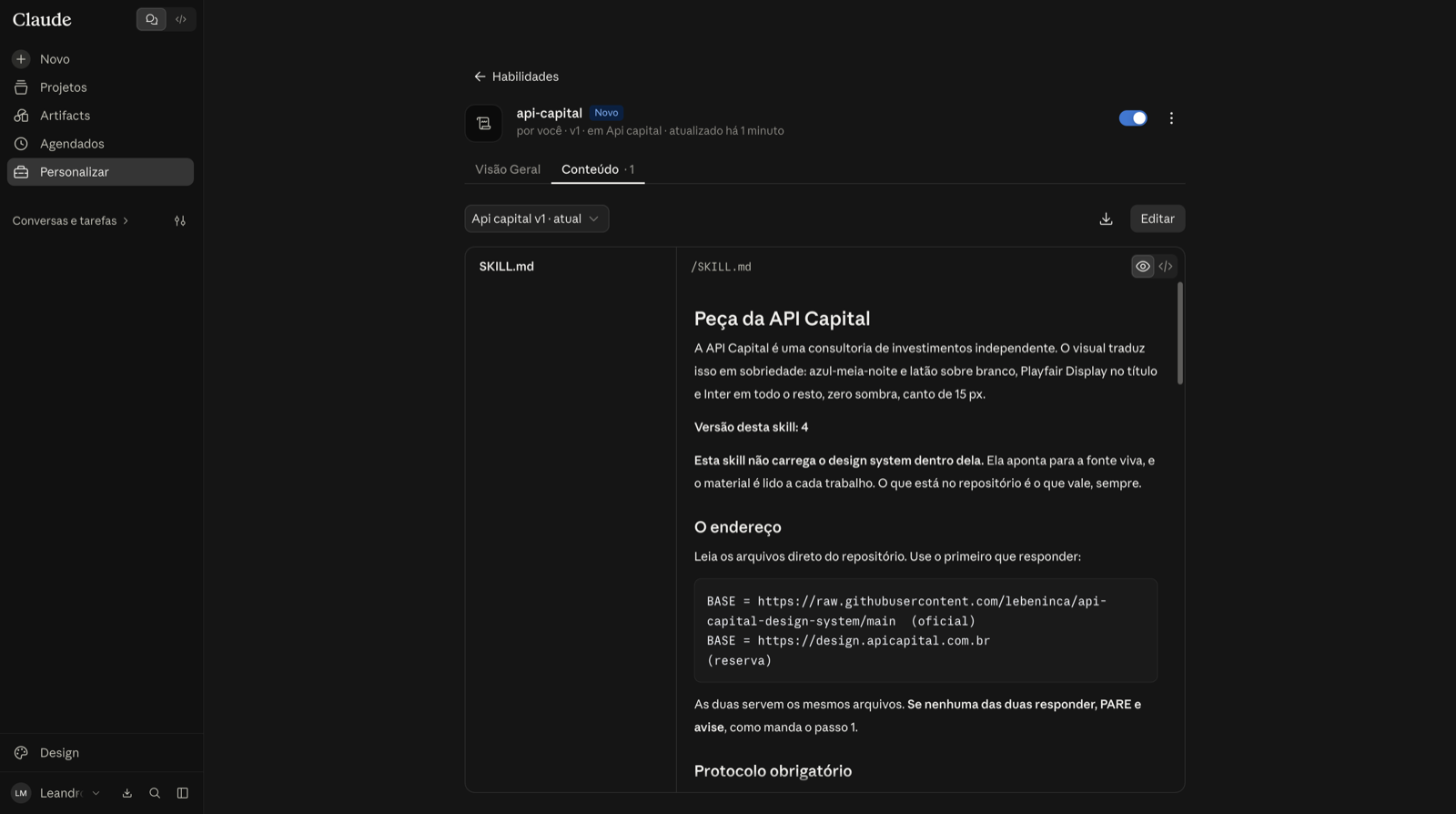 Skill api-capital instalada, com a chave ligada